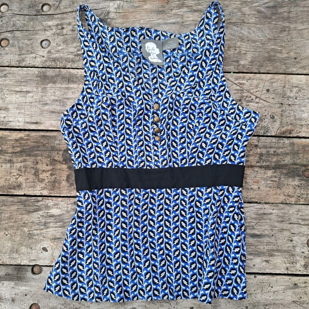 Girls From Savoy 100% Silk Anthropologie Size 0 XS Blue Patterned Tank Top Shirt